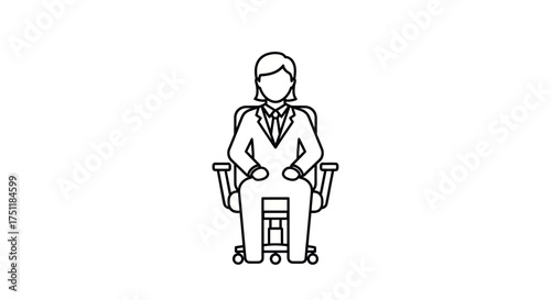 A simple line art icon of a businesswoman sitting upright in a wheeled office chair.