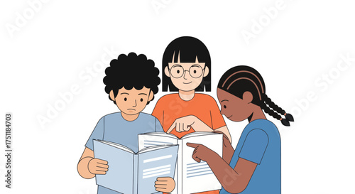 An illustration of three diverse children a boy and two girls reading and learning together from a book.