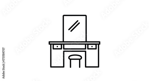 Minimalist Line Art Icon of a Vanity Table with Mirror and Stool.