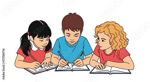 Three Children Studying Together Reading Books and Writing Focused on Learning.