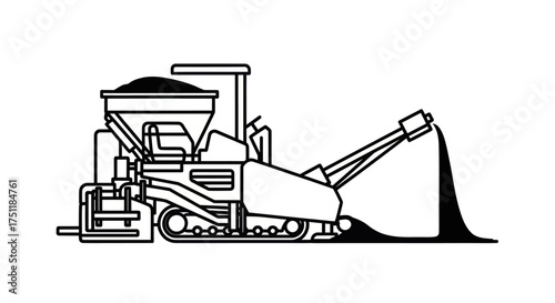 Industrial asphalt paver machine laying down black material.