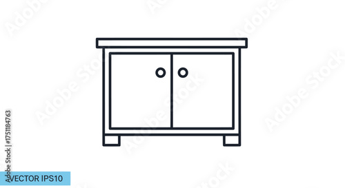 Minimalist line icon of a low cabinet or credenza with two doors and round knobs.