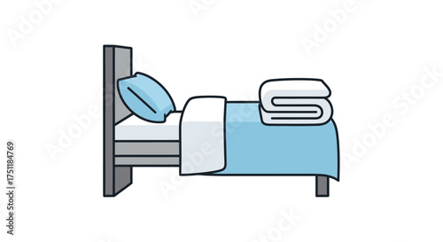 Simple Cartoon Bed with Blue Bedding and Stacked Blanket.