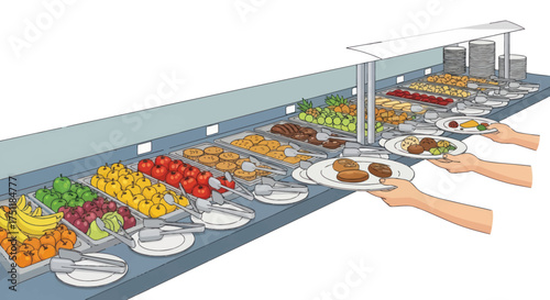 Illustrated self-service buffet line with diverse fresh food options and hands serving plates.