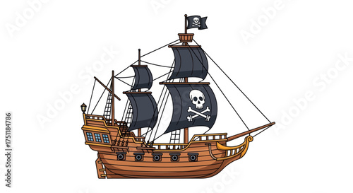 Majestic wooden pirate ship with black sails and Jolly Roger flag.