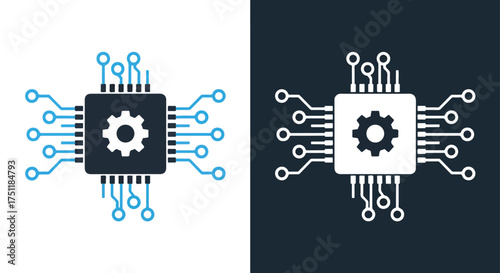 Digital technology gear icon and circuit board for engineering and computing - Line and glyph solid icon and logo templete