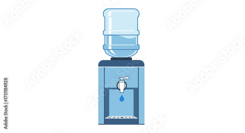 Blue office water cooler dispenser with a large bottle and a dripping tap.