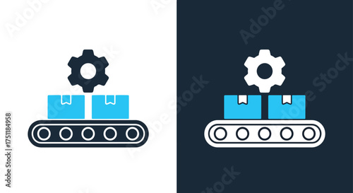 Automated production line icon gear boxes conveyor belt manufacturing process symbol - Line and glyph solid icon and logo templete