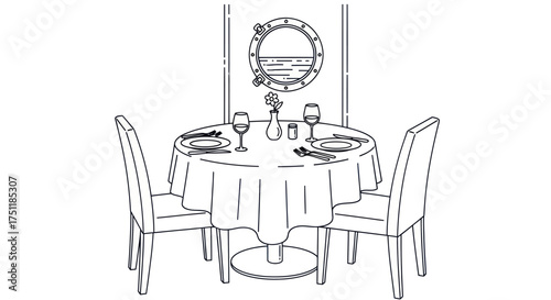 Round Table Setting with Plates Glasses and Chairs in a Restaurant.