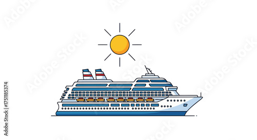 Cruise Ship Illustration with Sun Ocean Liner Vacation Vessel Holiday Travel.