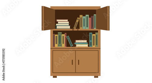 Brown Wooden Bookshelf with Open Doors and Books.
