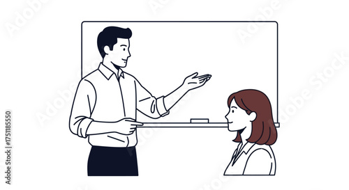 Teacher Explaining Lesson to Student with Pointer and Board.