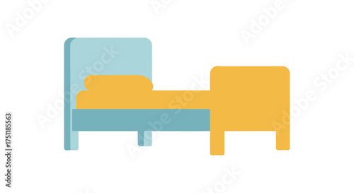 A simple light blue single bed with a yellow mattress headboard and footboard depicted in a flat vector style.
