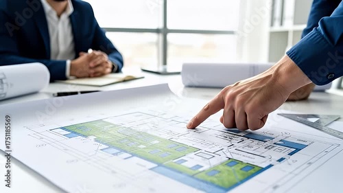 Architects Collaborating on Blueprint, Pointing to Design Details in Modern Office Meeting