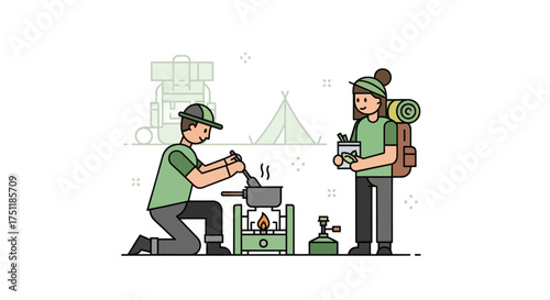 Cartoon Campers Cooking Outdoors Preparing a Meal with a Portable Stove.