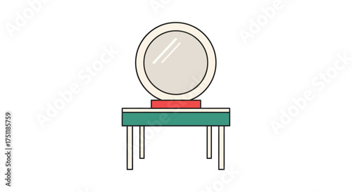 A Round Vanity Mirror on a Teal Table with Red Base.