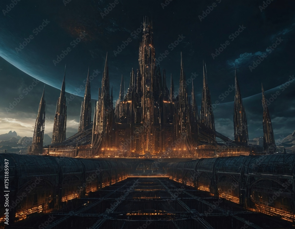 Naklejka premium Dystopian megastructure world featuring orbital cage view creating expansive visual effects for science fiction illustrations or futuristic design projects with mechanical structures