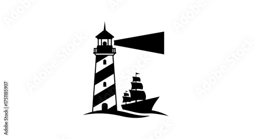 A black and white silhouette of a striped lighthouse guiding a classic sailing ship at sea.