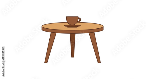 Small Round Wooden Coffee Table with a Brown Cup and Saucer.