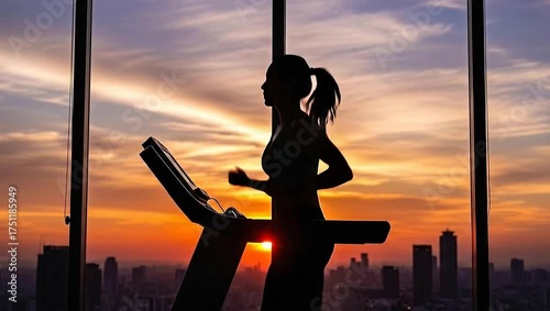 Athletic Woman's Silhouette Running on a Treadmill Against a Dramatic Sunset Cityscape View.