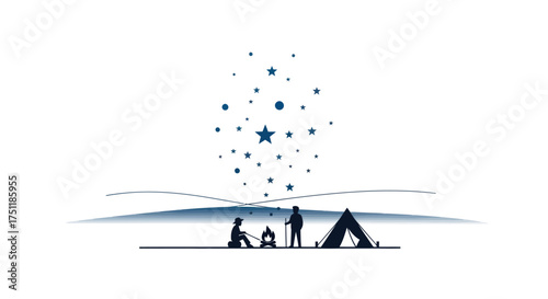 Silhouettes of people camping under a starry sky with a prominent star.