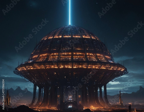 Expansive depiction of orbital cage in dystopian megastructure world for science fiction illustrations or futuristic design projects with detailed mechanical structures