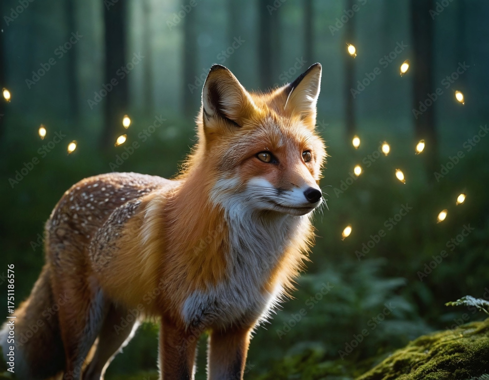 Fototapeta premium Mystical glowing fox spirit in a forest setting creating enchanting visual effects for fantasy illustrations or nature inspired digital art projects with ethereal lighting