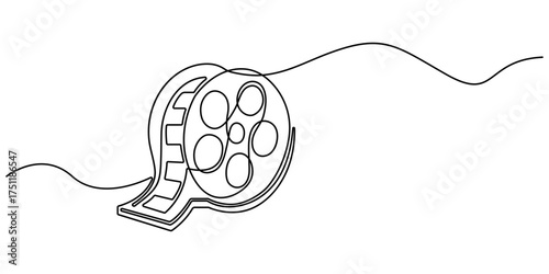 One continuous line drawing of film reel with long tape. Continuous one line drawing cinema film . Retro old movie and cinema roll in simple linear style. Vintage video filmstrip in editable stroke