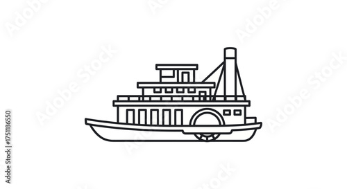 A simple black and white line drawing of a vintage paddle wheel steamboat.