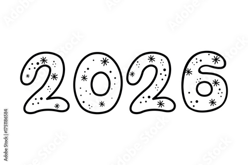 The inscription of 2026 with a drawing, black and white outline, 2026 - Two thousand twenty-sixth year. Icon 2026 with a pattern. Vector illustration