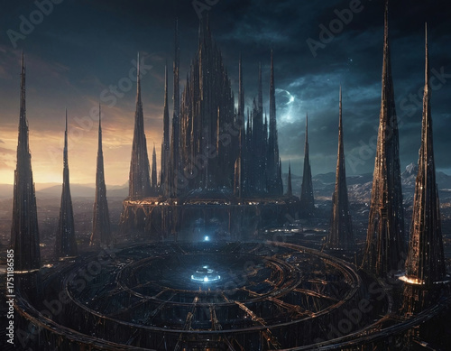 Dystopian megastructure world with orbital cage view creating expansive visual effects for science fiction illustrations or futuristic design projects with detailed mechanical structures