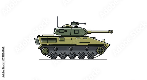 Olive Green Armored Tank with Gun Turret and Antenna.