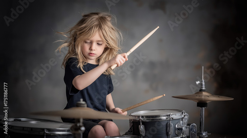 A young, curly-haired child plays a drum set indoors, warmly lit by bokeh string lights visible through a large window in the background. created by ai