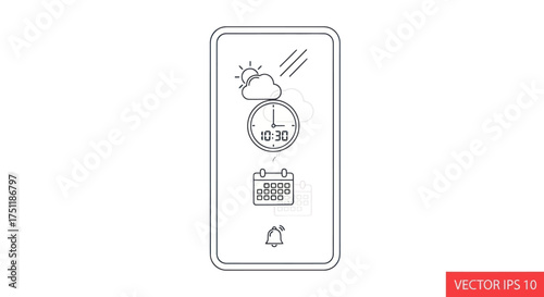 Line art smartphone displaying weather time date and notification icons.