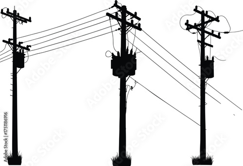 Utility, pole, transformer, power line, electricity, distribution, infrastructure, silhouette, outdoor