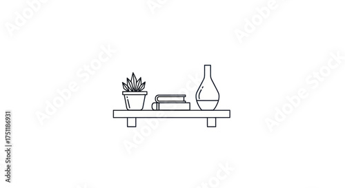 Minimalist Shelf with Potted Plant Books and Vase in Line Art Style.