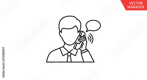 Line art illustration of a person talking on a mobile phone with a speech bubble.