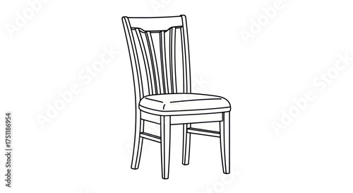 Elegant Wooden Dining Chair with Upholstered Seat and Vertical Spindle Back.