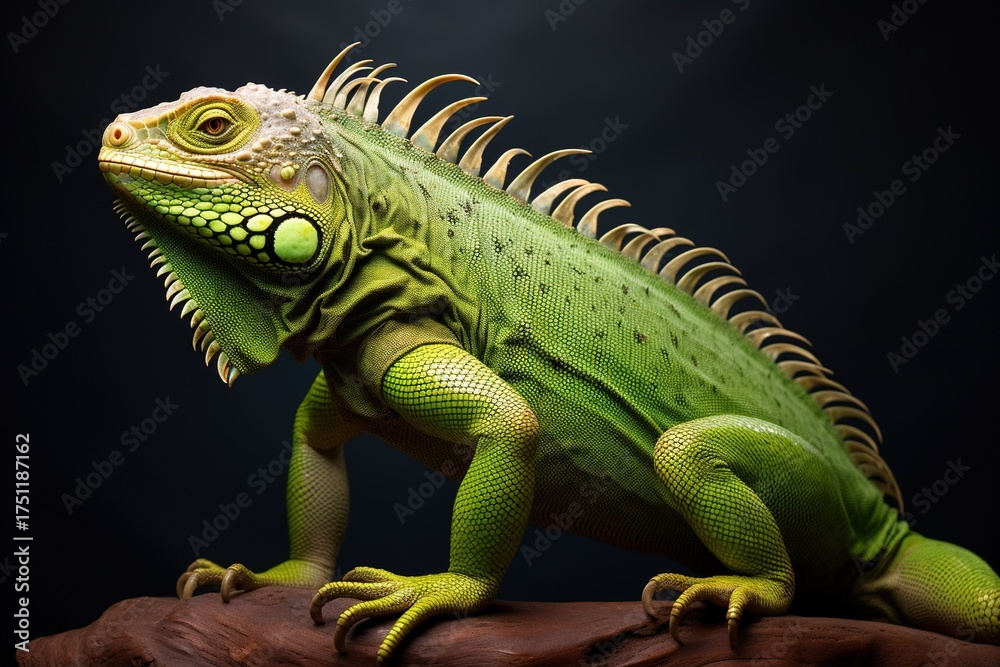 Obraz premium A vivid green iguana with its textured skin, standing tall and alert against a plain white surface