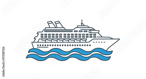 Simple line art illustration of a large cruise ship sailing on stylized blue waves.