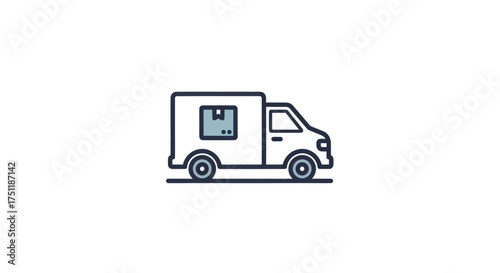 Minimalist white delivery truck icon with package inside.