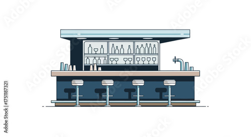 Modern Bar Counter with Stools and Shelves of Bottles.