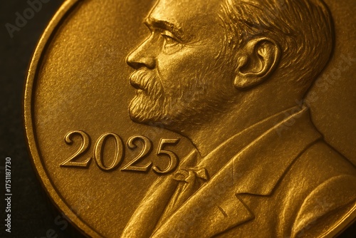 Closeup of a gold nobel prize medal with the year 2025 embossed