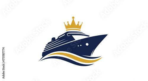 Elegant Cruise Ship with Golden Crown and Wave Design Logo.