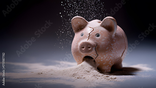 Crumbling piggy bank symbolizing inflation and financial savings loss
