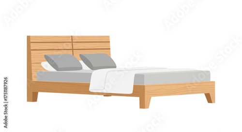 Modern wooden double bed with a slatted headboard grey pillows and white bedding.