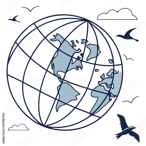 Illustration of a globe with continents, grid lines, birds, and clouds in a simple line drawing