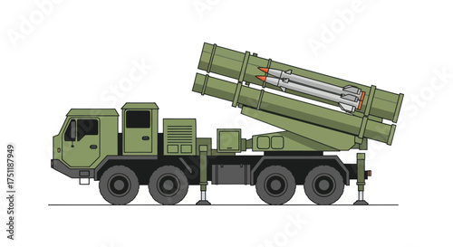 Green Military Missile Launcher Truck with Raised Tubes.