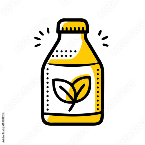 Playful vector illustration of an organic milk bottle with fresh leaf logo for eco-friendly dairy branding