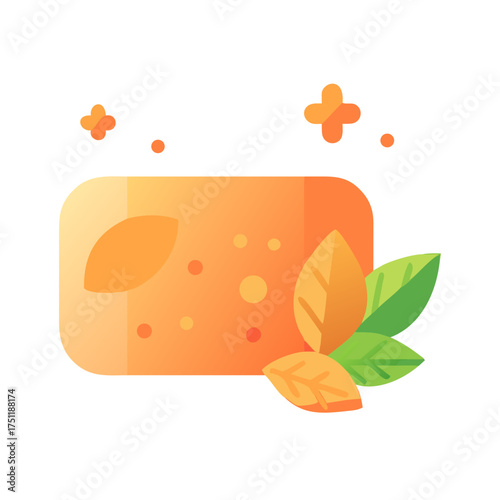 Vibrant vector illustration of almond soap bar with fresh leaves for organic skincare branding